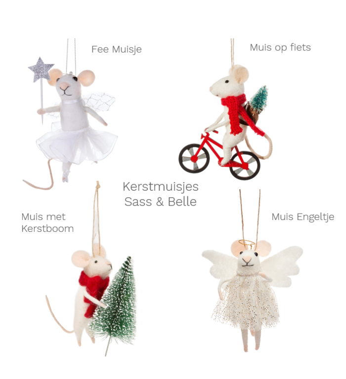 Sass & Belle kersthanger Muisje op Fiets met Kerstboom gemaakt van vilt 13 cm