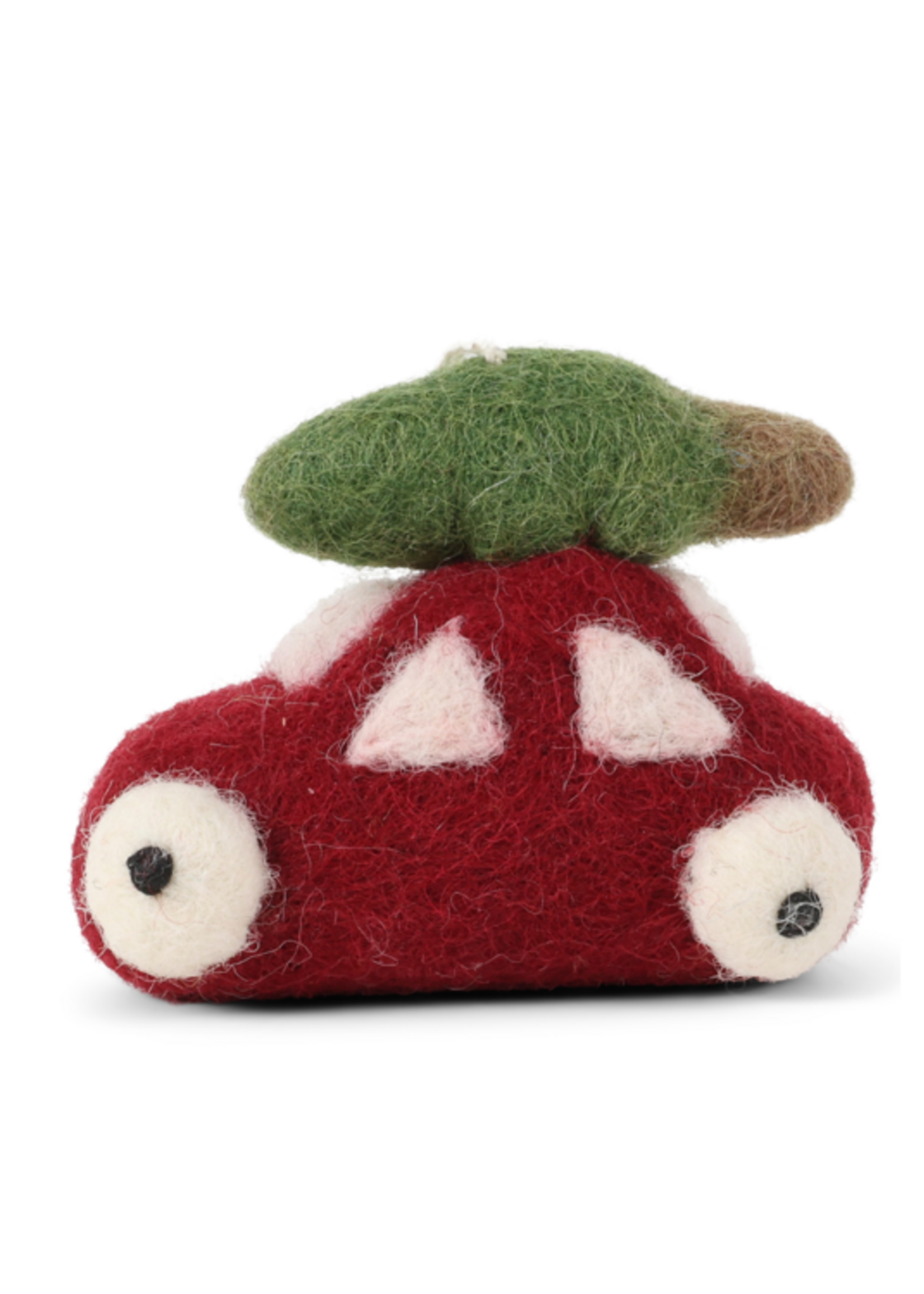 Én Gry & Sif handgemaakte rode vilten kerst auto met kerstboom op het dak - kerstboom decoratie hangertje