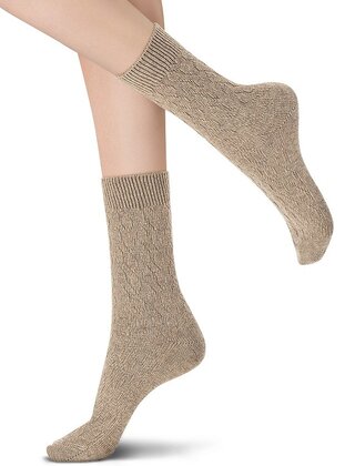 Gwen - Cashmere blend sok met kabel - Beige Melange