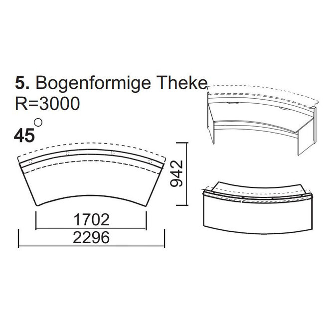 Perfect 230 cm – gebogene Empfangstheke, 45°-Winkel konfigurierbar