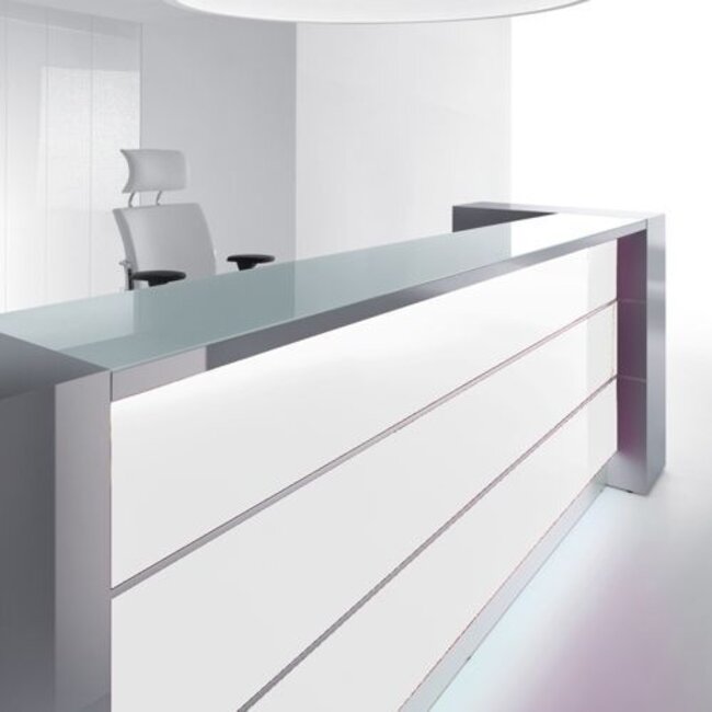 Hochglanz Empfangstheke Vale 293 cm breit, mit Seitenschränken