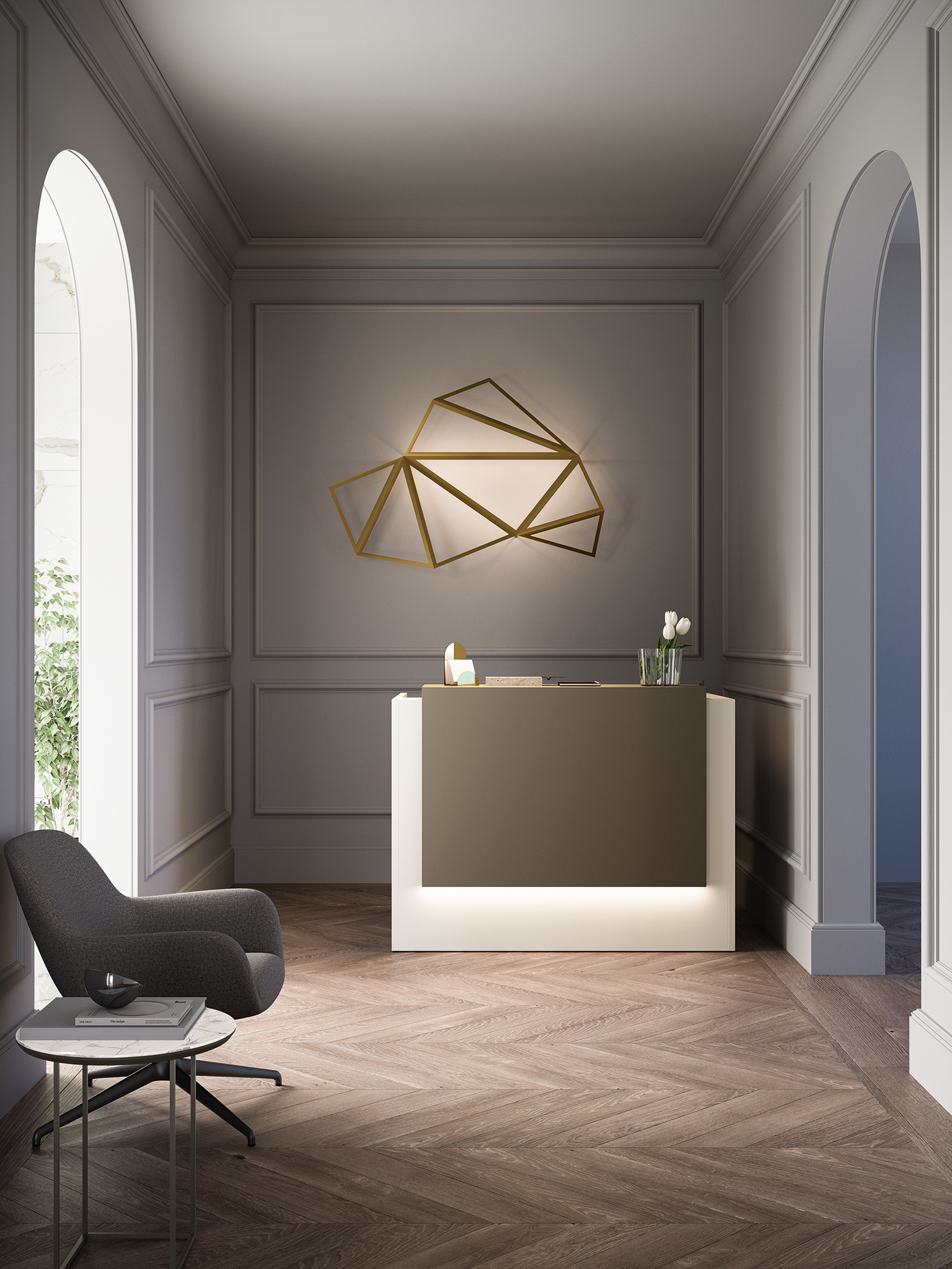 Empfangstheke ZET in eleganter Klassik-Lobby – modularer Empfangstresen