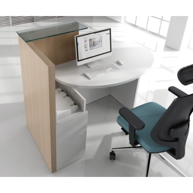 Kleine Empfangstheke OVOL, 155 cm breit mit Beraterplatz rechts