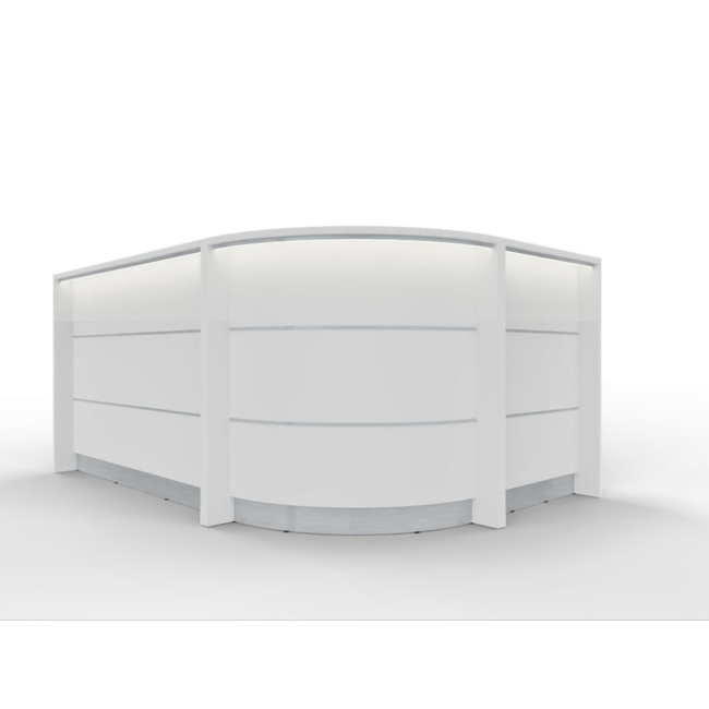 Empfangstheke AS-Line J-Form 240 × 160 cm – über Eck mit runder Mitte, konfigurierbar
