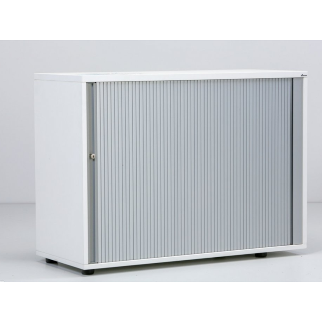 Hochwertiger Rollladenschrank mit 2 Ordnerhöhen, 80 cm breit  - Rollladen in Weiß & Silber