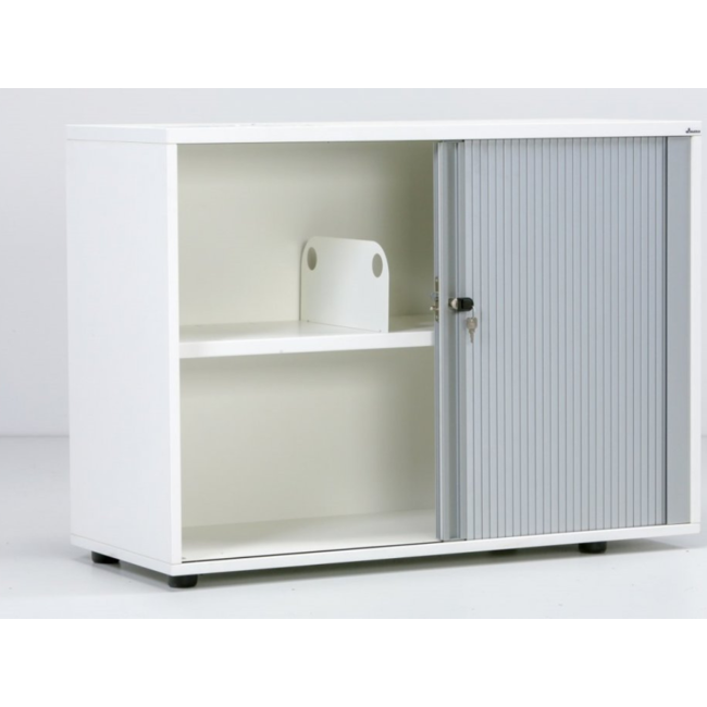 Hochwertiger Rollladenschrank mit 2 Ordnerhöhen, 80 cm breit  - Rollladen in Weiß & Silber