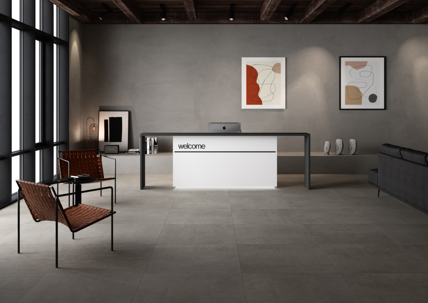 Empfangstheke Axel – gerade Theke mit L-Form-Aufsatz und LED-Sockelbeleuchtung in moderner Lobby