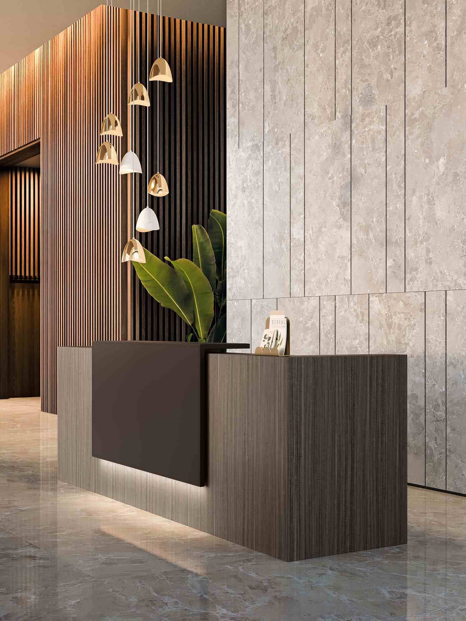 Empfangstheke ZET 206 cm in dunkler Holzoptik – modularer Empfangstresen mit LED-Option