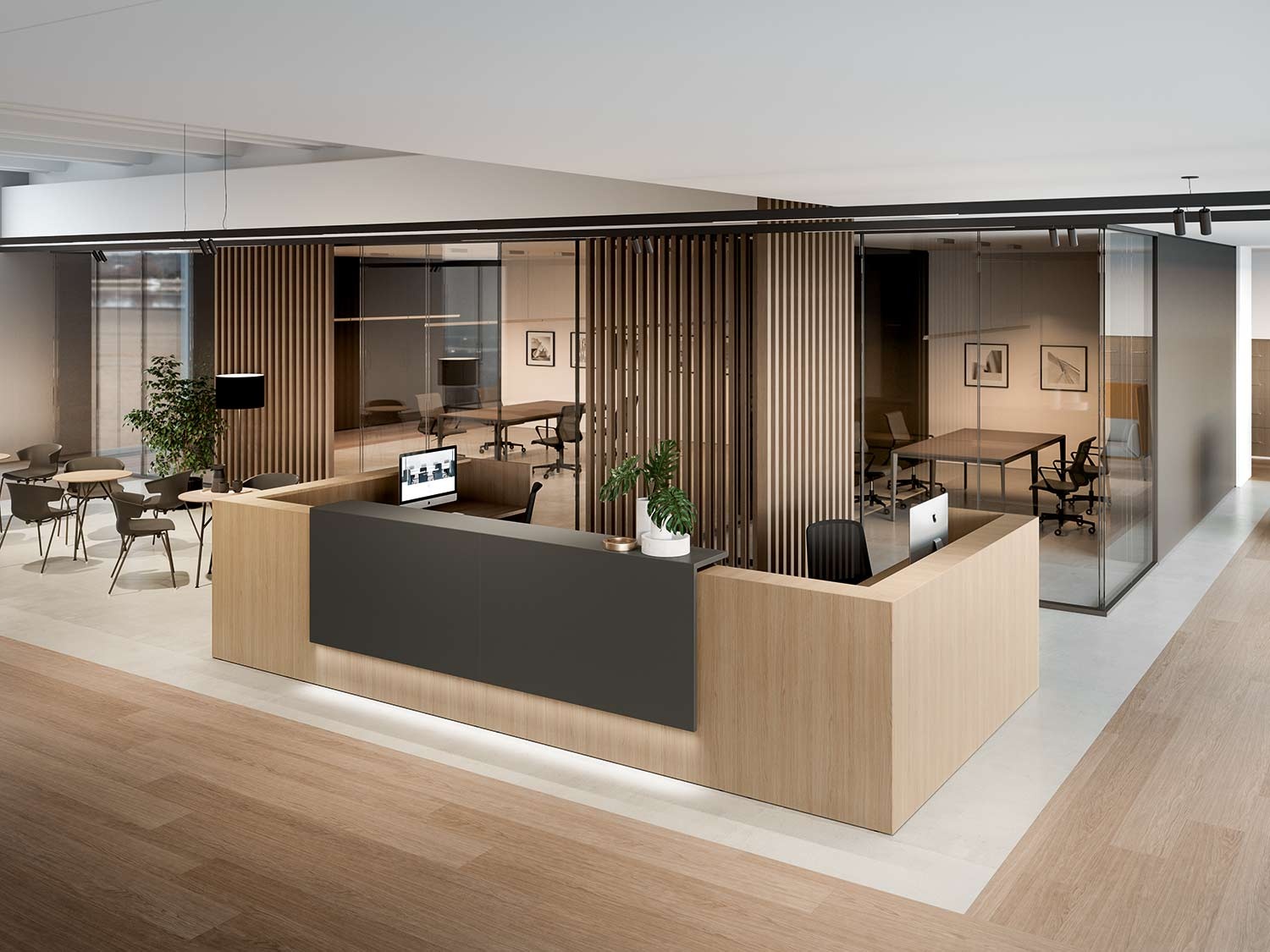 Modulare Empfangstheke 486 cm mit LED-Beleuchtung und Aufsatz für Büro und Praxis