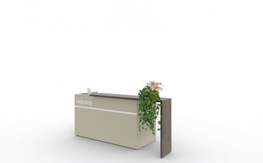 Empfangstheke L-Form mit Ablageplatte und Dekorstreifen in Aluminium-Optik