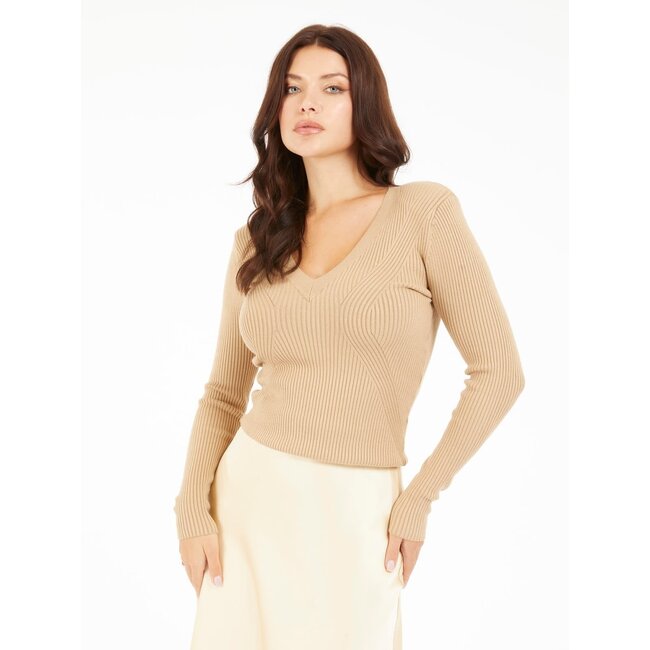 MARCIANO kledij top  - ISA LS V NECK TOP SW HERB TAN - 4YGR26 - 5613Z - G1K9