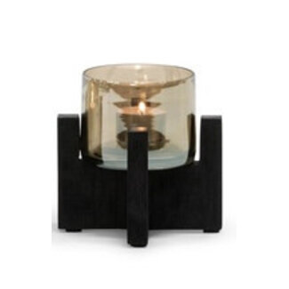 Dekocandle Theelicht Brushed theelightholder with luster glass - wood & glass - black & brown - Ø13x13cm