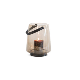 Dekocandle Windlicht -  Hurricane with leather handle - glass - mocha - Ø 28x35cm (zonder kaars)