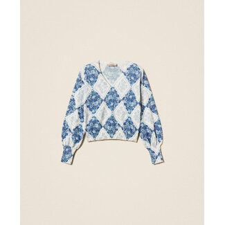 TWINSET TWINSET trui - azuurblauwe bloemen- & ruitenpatroon - 261TP3530 - 13405