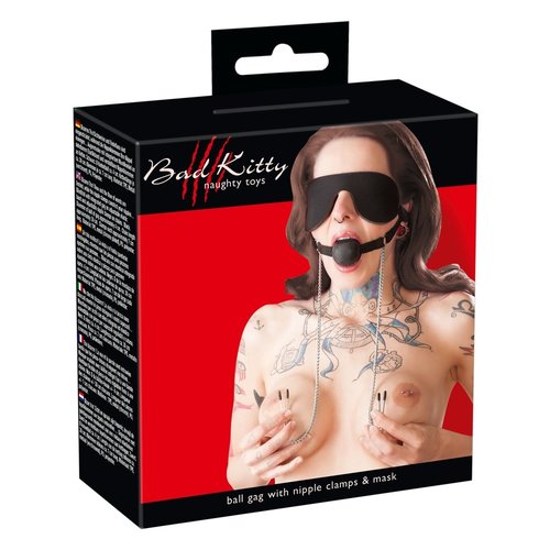 Bad Kitty Bondage Ball Gag met Tepelklemmen en Oogmasker