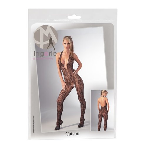 Mandy Mystery Lingerie Catsuit Open Kruis met Kanten Motieven Fijn Netstof