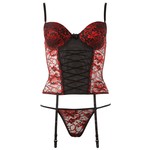 Cottelli Collection Lingerie Korset Jarretel Lingerie Set met Rode Bloemen Motief