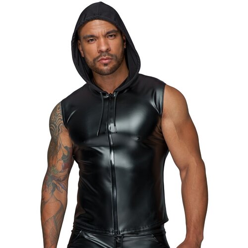 Noir Wetlook Ruige Mouwloze Hoodie