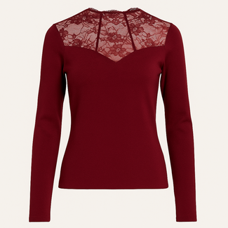 TOP LONGSLEEVE FINE KNIT BORDEAUX LACE CH9153