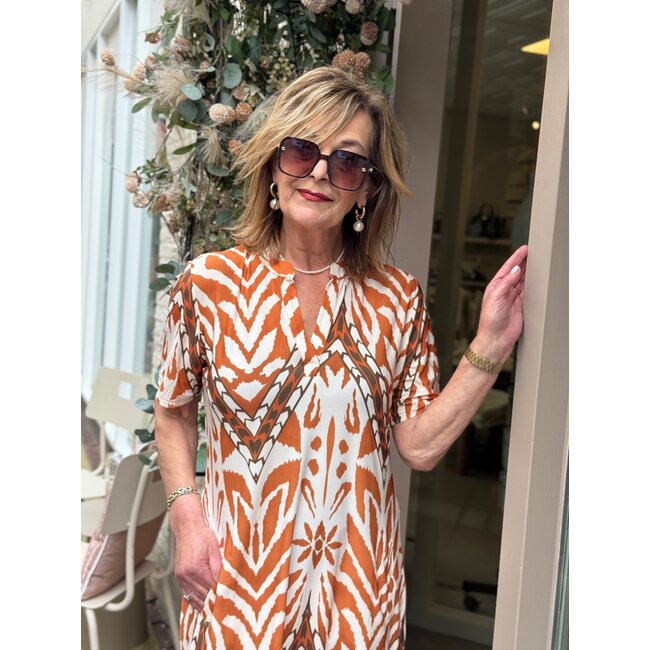 ANGELLE MILAN TUNIC DRESS SUMMERTRAVEL 1467 CAMEL PRINT