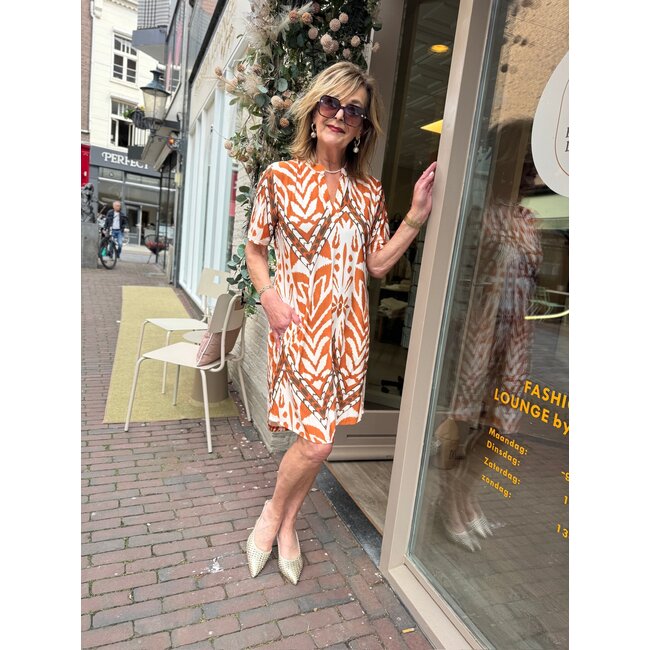 ANGELLE MILAN TUNIC DRESS SUMMERTRAVEL 1467 CAMEL PRINT