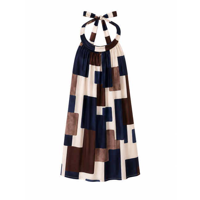 JURK TUNIEK HALTER KORT PRINT CHOCO NAVY