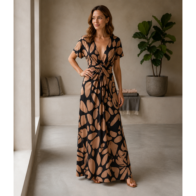 JURK MAXI KNOT SUMMERTRAVEL TAUPE/BLACK
