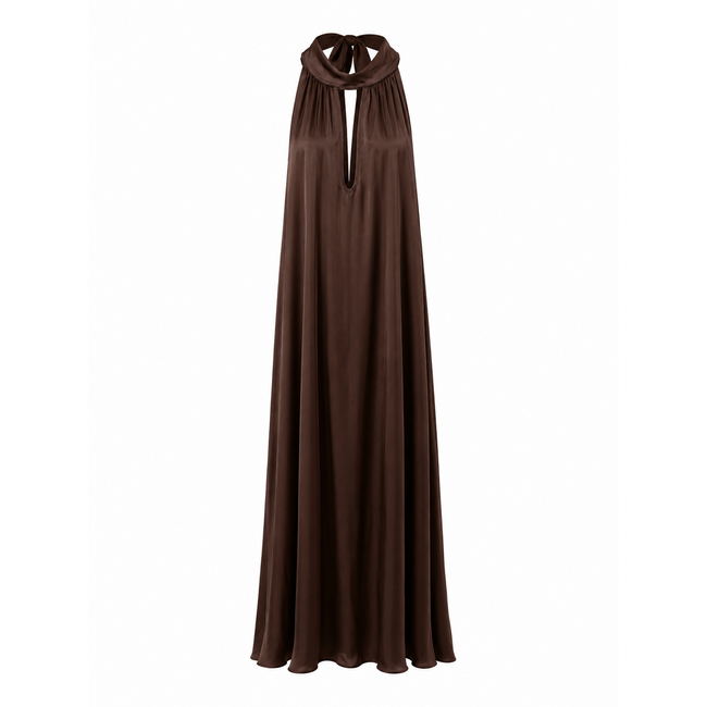 JURK MAXI HALTER VISCOSE SATIN CHOCO