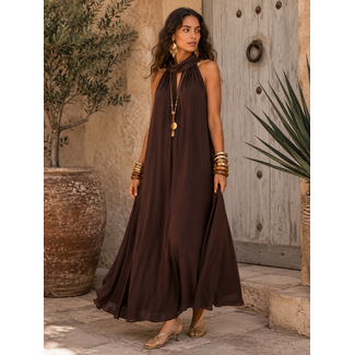 JURK MAXI HALTER VISCOSE SATIN CHOCO