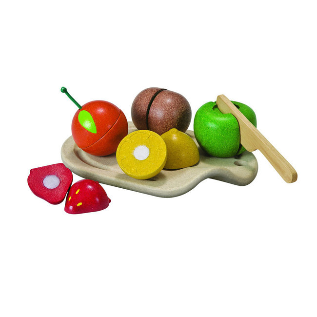 PLAN TOYS ASSORTIMENT DE FRUITS À DÉCOUPER EN BOIS RECYCLÉ