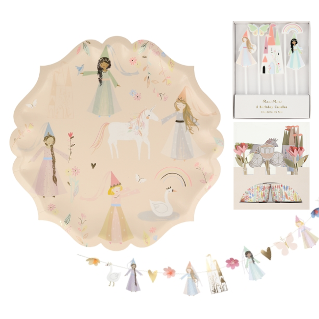 MERI MERI PACK ANNIVERSAIRE "Princesse" - 5 Bougies + 8 Assiettes + 24 Décorations de gâteau + 1 Guirlande