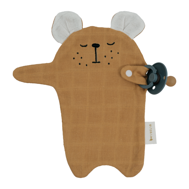 FABELAB DOUDOU LANGE OURS AVEC ACCROCHE TÉTINE - CARAMEL