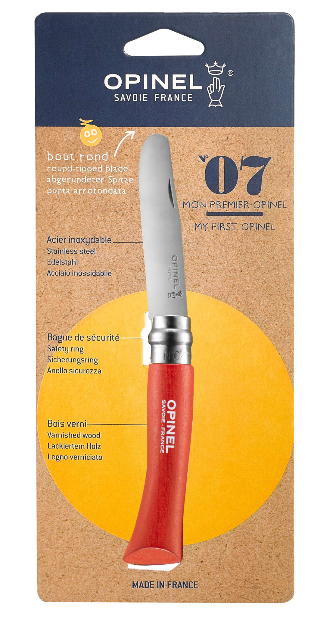 Couteau n°7 bout rond, lame inox, manche hêtre naturel Opinel