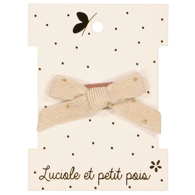 LUCIOLE ET PETIT POIS BARRETTE TISSU "MINI PRINCESSES" RUBAN VELOURS ÉCRU POIS OR