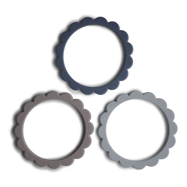 MUSHIE 3 X BRACELETS DE DENTITION SILICONE FLOWER ''STEEL/DOVE GRAY/STONE''