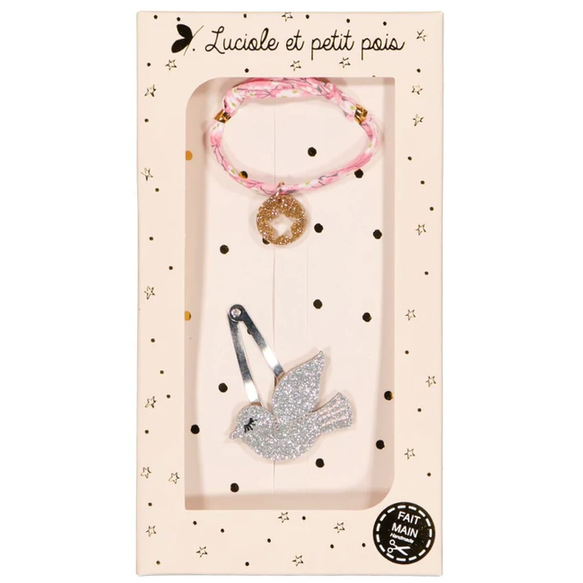 LUCIOLE ET PETIT POIS COFFRET CADEAU "BARRETTE & BRACELET" MITSI ORCHIDÉE ROSE & COLOMBE