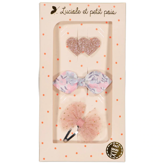 LUCIOLE ET PETIT POIS COFFRET CADEAU "3 MINI CLIPS" ROSE