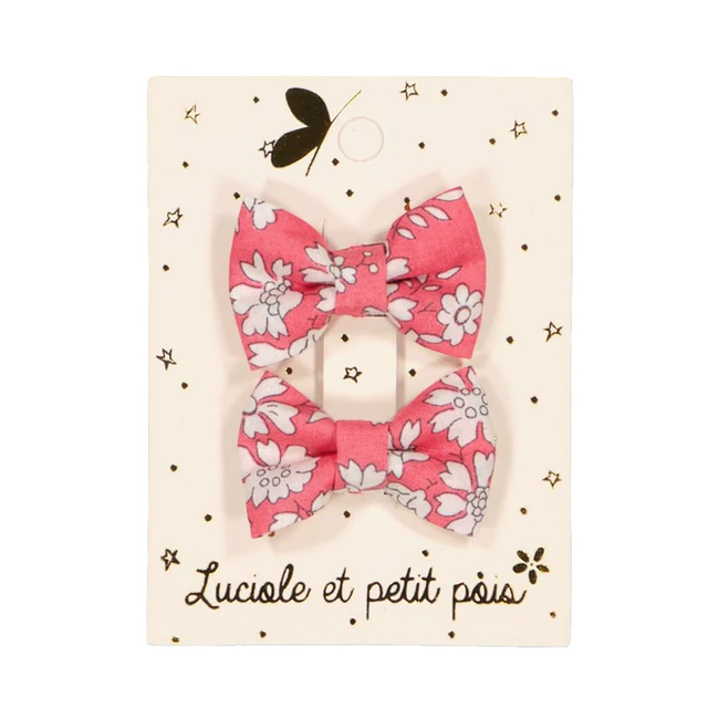 LUCIOLE ET PETIT POIS BARRETTES TISSU "MINI NOEUDS PAPILLON" LIBERTY CAPEL FRAMBOISE