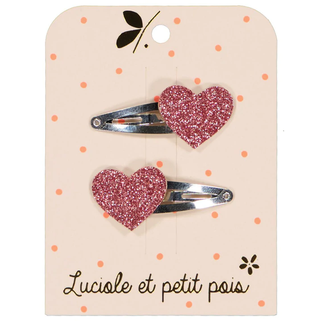 LUCIOLE ET PETIT POIS BARRETTES GLITTER "COEURS" FRAMBOISE