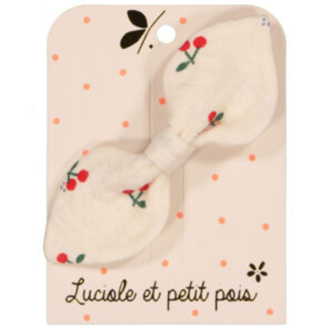 LUCIOLE ET PETIT POIS BARRETTE TISSU "NOEUD LAPIN" CERISES DOUBLE GAZE