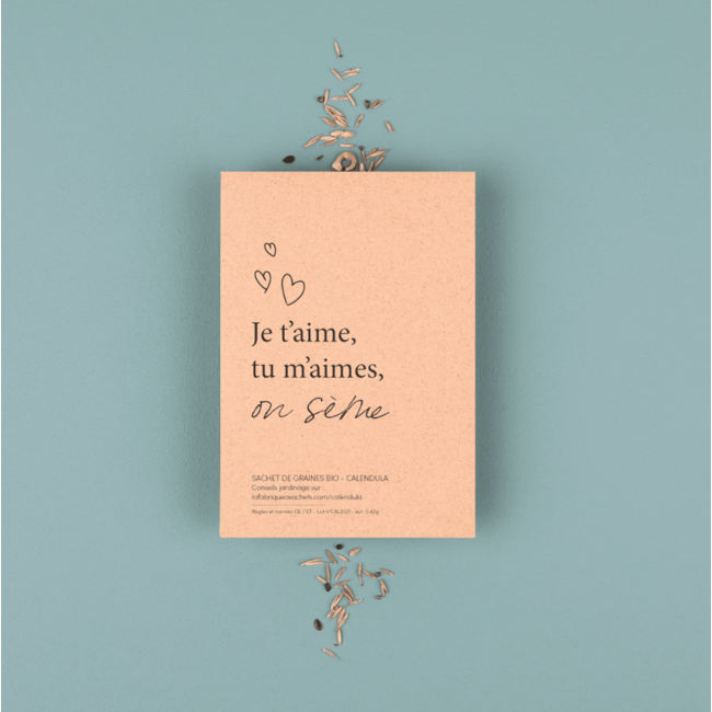 CARTE À SEMER "JE T'AIME, TU M'AIMES, ON SÈME" GRAINES DE CALENDULA