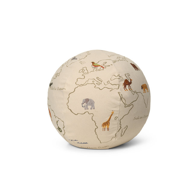 FERM LIVING POUF BRODÉ MAPPEMONDE ANIMAUX - OFF WHITE