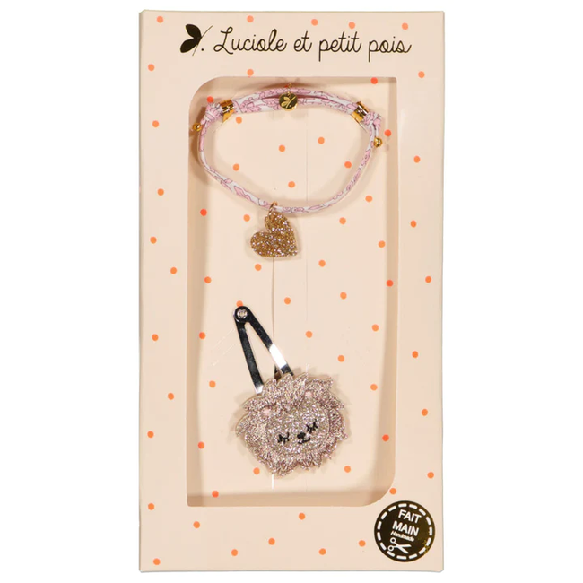 LUCIOLE ET PETIT POIS COFFRET CADEAU "BARRETTE & BRACELET" D'ANJO COST ROSE & LION