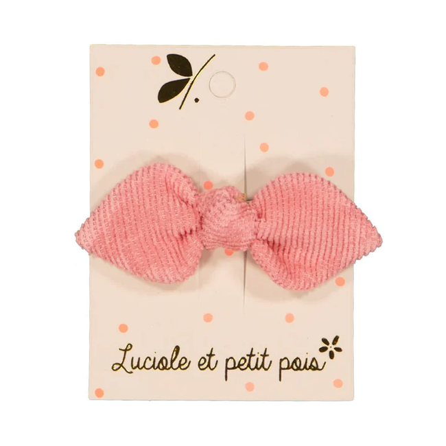 LUCIOLE ET PETIT POIS BARRETTE TISSU "MINI NOEUD LAPIN" VELOURS CÔTELÉ ROSE