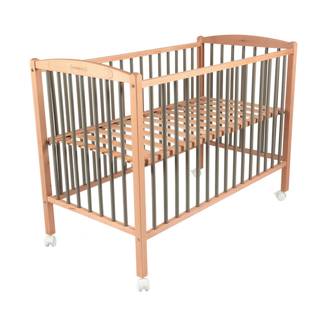 COMBELLE LIT À BARREAUX "ARTHUR" HÊTRE BICOLORE NATUREL/GRIS CLAIR