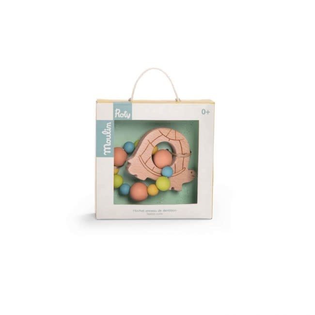 MOULIN ROTY HOCHET ANNEAU DENTITION BOIS & SILICONE TORTUE - TROIS PETITS LAPINS