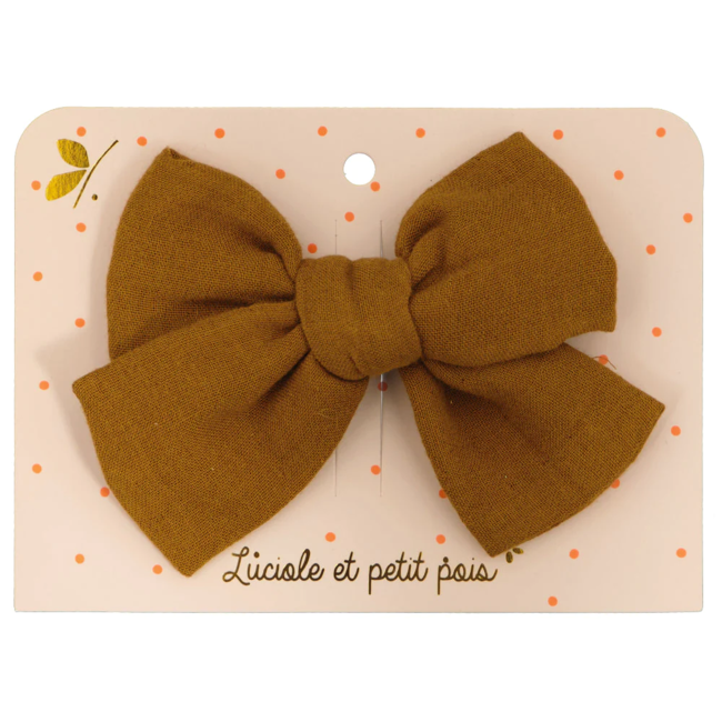 LUCIOLE ET PETIT POIS BARRETTE TISSU "GRAND NOEUD PRINCESSES" DOUBLE GAZE MOUTARDE