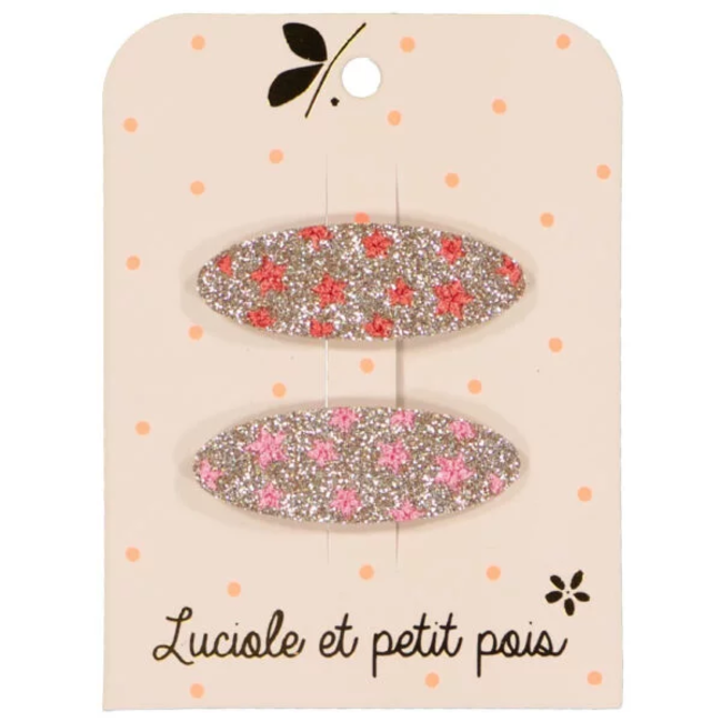 LUCIOLE ET PETIT POIS PAIRE DE BARRETTES GLITTER ÉTOILÉES ROSES 4CM