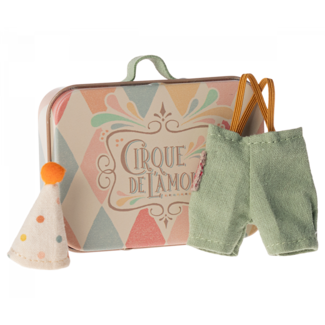 MAILEG TENUE POUR PETIT FRÈRE SOURIS CLOWN 10CM DANS SA MINI VALISE EN MÉTAL