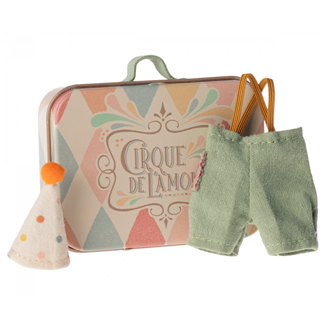 MAILEG TENUE POUR PETIT FRÈRE SOURIS CLOWN 10CM DANS SA MINI VALISE EN MÉTAL
